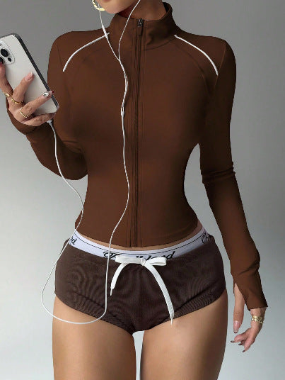 Short Contrast Color Sports Yoga Jacket Fitness Zip Long Sleeve Coat