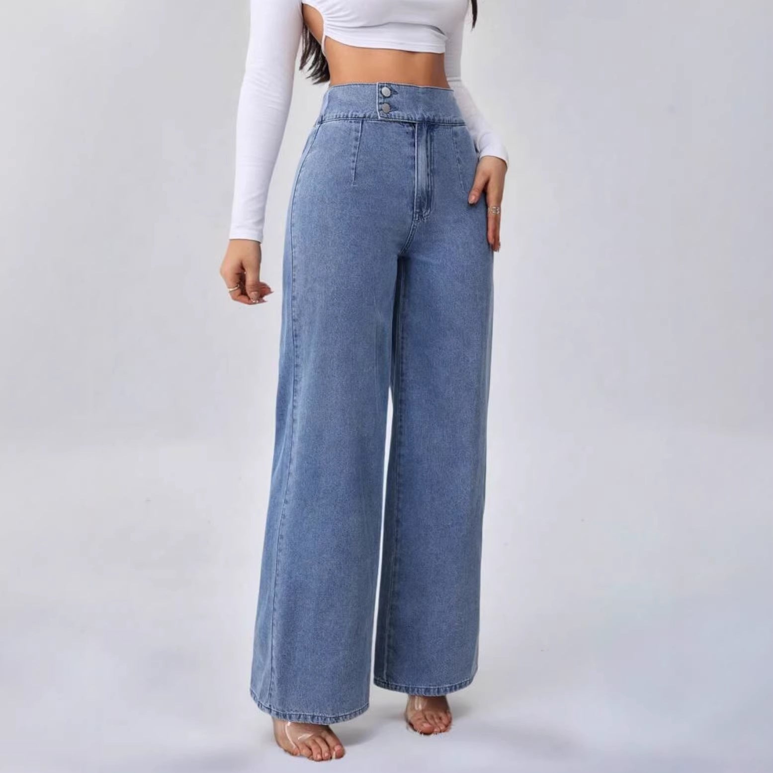 Versatile Straight-leg Loose-fit High-waisted Womens Solid-color Jeans With Double Buttons