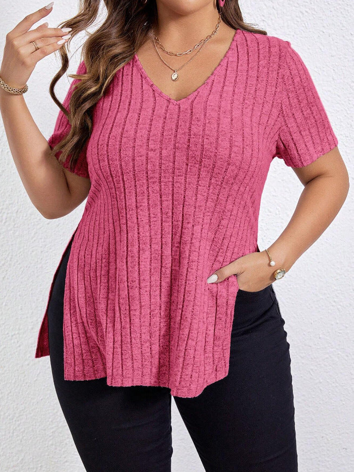 V-neck Split Sunken Stripe Brushed Women's Short Sleeve