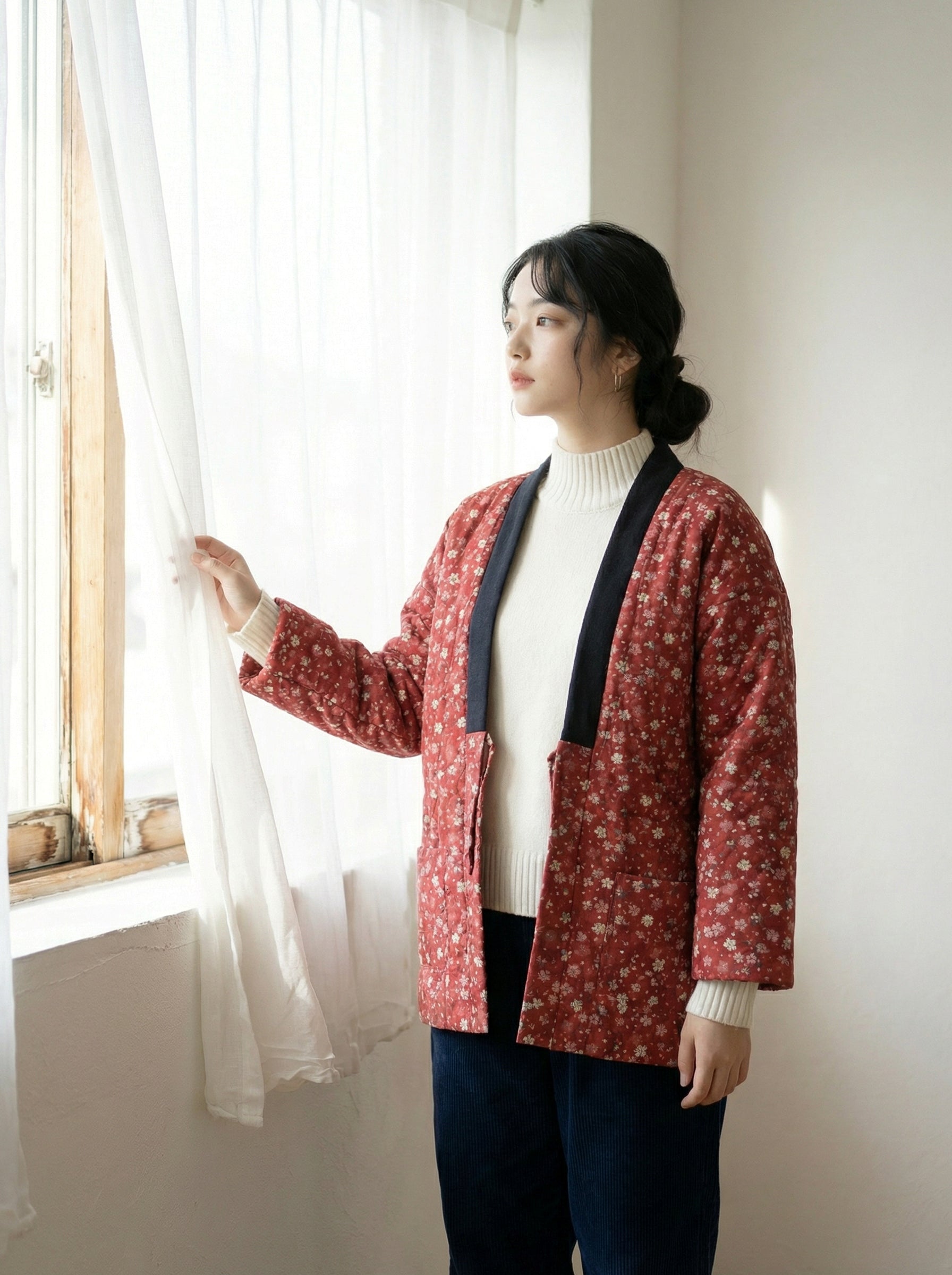 Women's Haori, Women's Warm Coat, Women's Japanese Style Padded Jacket, Indoor Wear, Lightweight & Warm Printed Coat, Japanese Traditional Clothing, Oversized Padded Jacket With Pockets