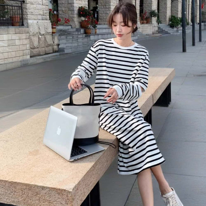 Women's Plus Size Black And White Hooded Knitted Long Dress Casual Striped Dress Sweater