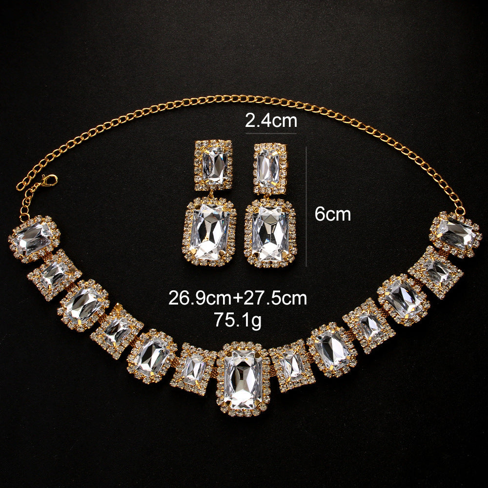 Light Luxury Geometric Crystal Necklace Suit Square Exaggerated Earrings Jewelry Set Decorations