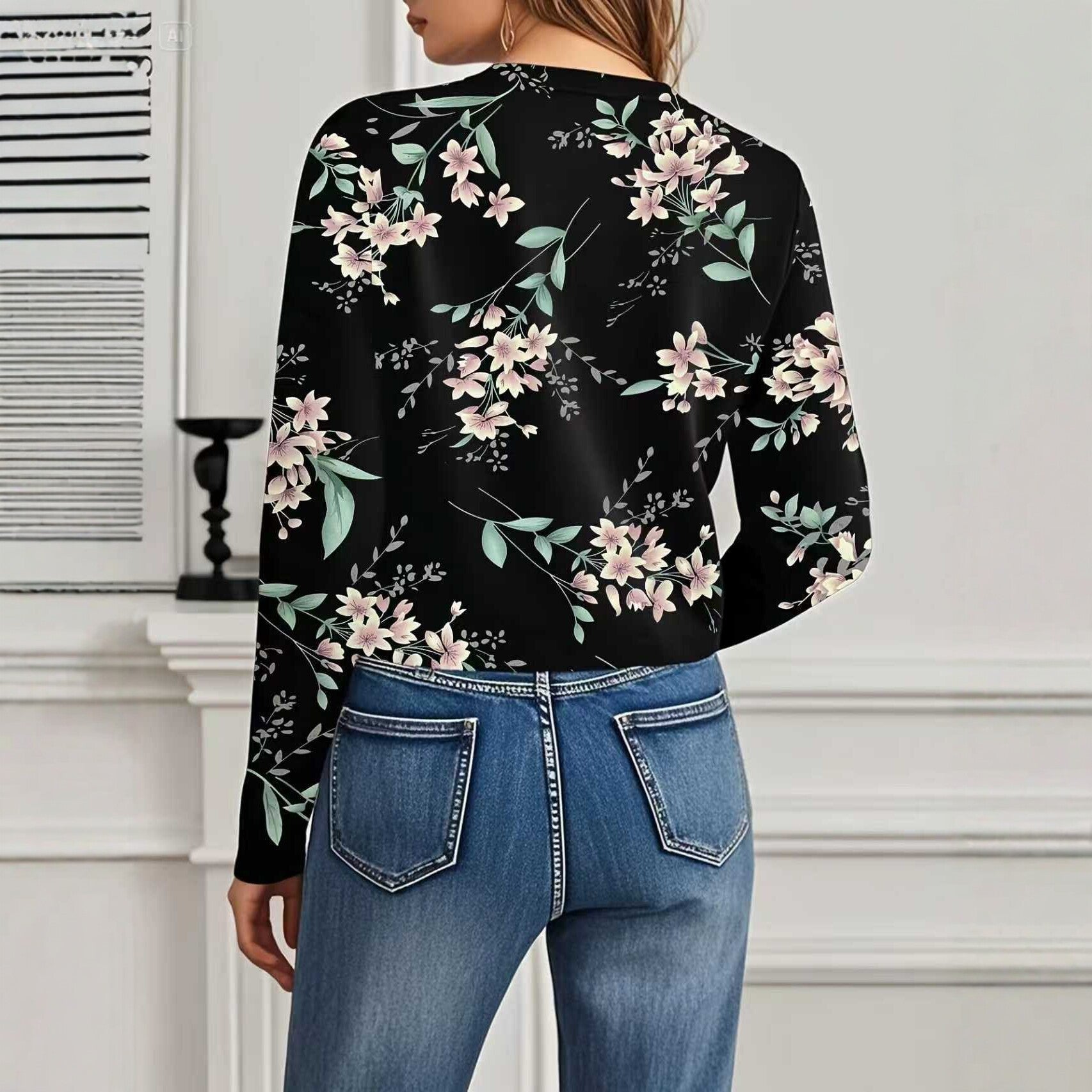 Women's Casual Crew-Neck Printed Short Long-Sleeve Jacket