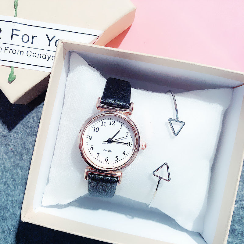 Simple small dial belt quartz watch + triangle bracelet