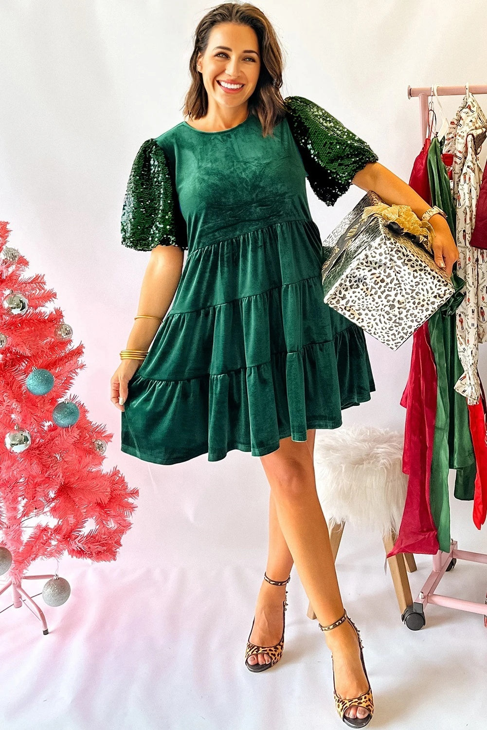 Sequined Puff Sleeve High Waist Dress For Women