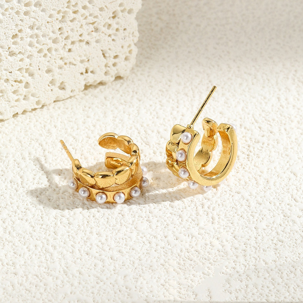 European And American Stainless Steel Retro Double C- Shaped Earrings Imitation Pearl Love