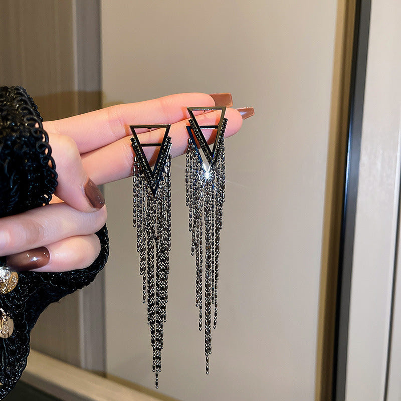 Silver Needle Black Rhimestone Flower Geometric Tassel Stud Earrings