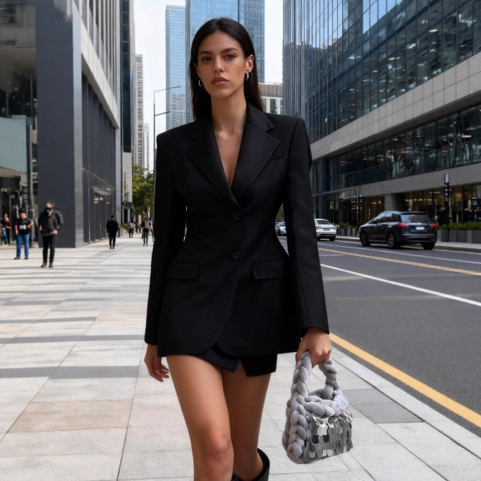 Autumn Winter Womens Versatile Single-Breasted V-Neck Long-Sleeve Blazer