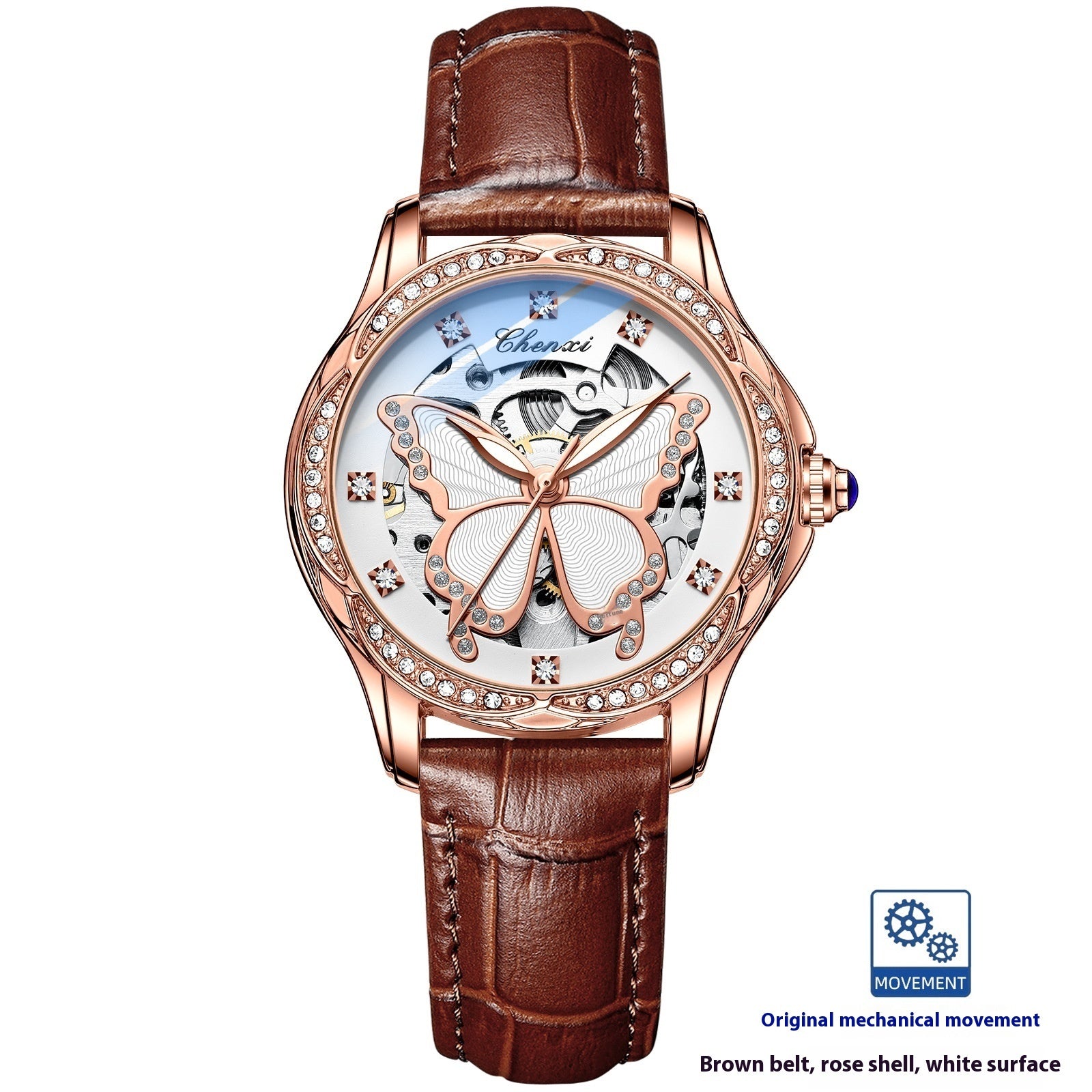 Butterfly Dial Fashion Diamond-embedded Watch Women's Waterproof Automatic Mechanical Watch