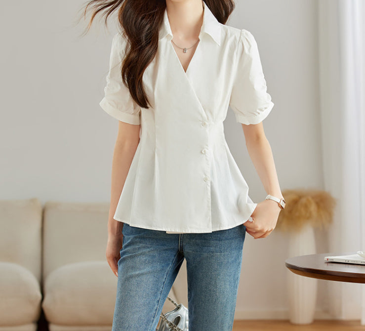 Women's Notched Collar Slim-fit Short-sleeve Shirt