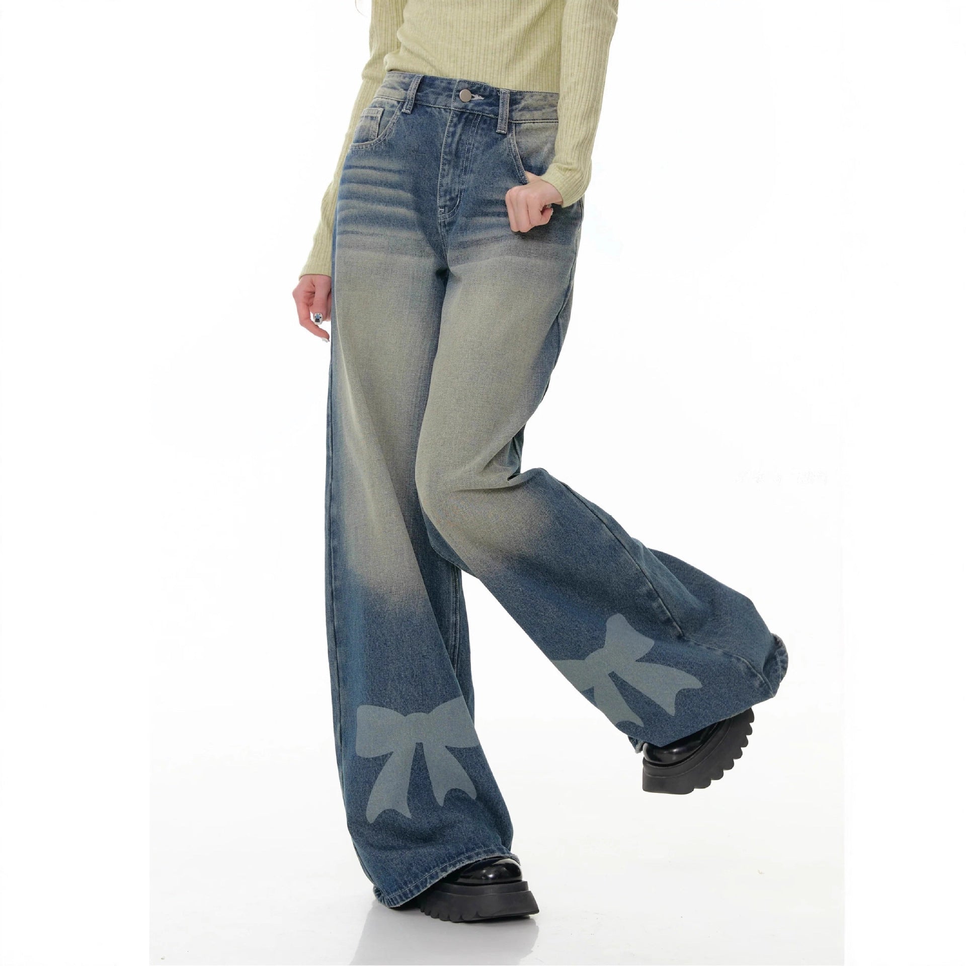 Retro Wide-leg Bow-tie Printed Washed Denim Jeans