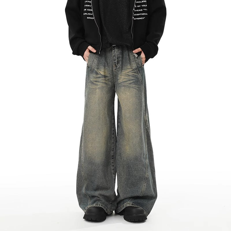 Washed Distressed Stitching Jeans Men's Straight Loose Wide-leg Pants