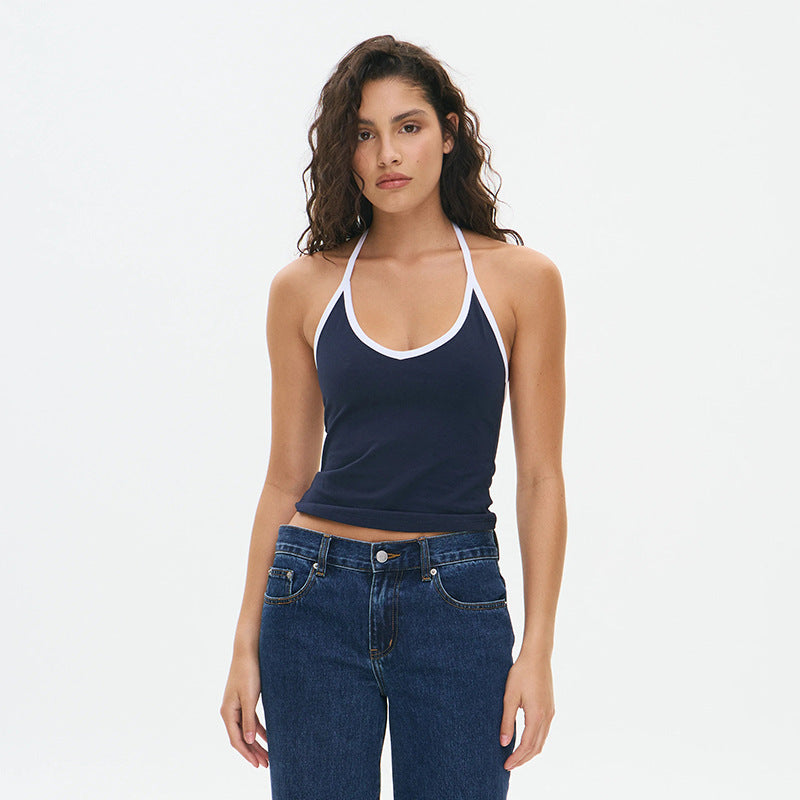 Womens Summer Instagram-Style New Contrasting Color Halter Top With Lace-up Details