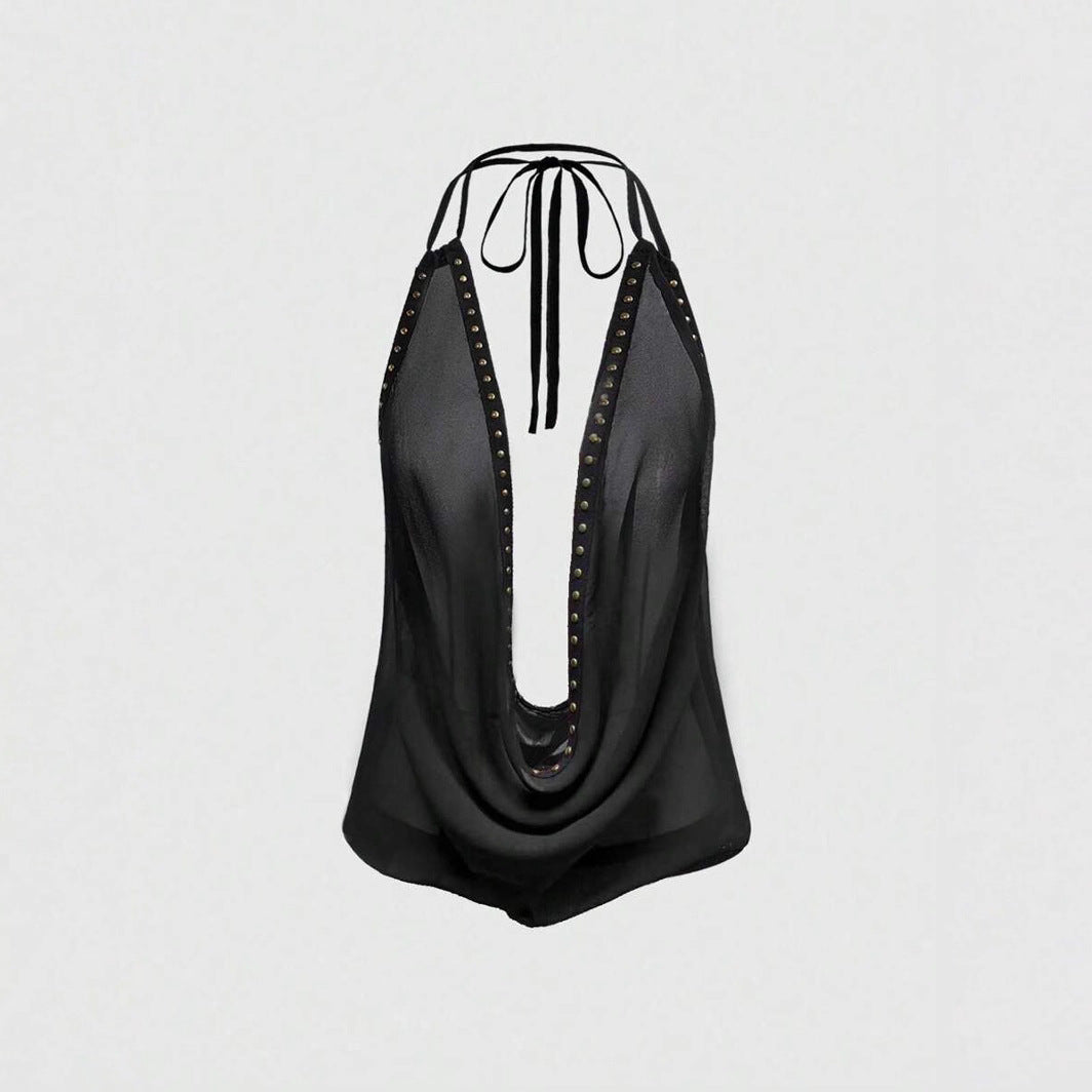 Solid-color Top With Studs Sexy Womens Clothing