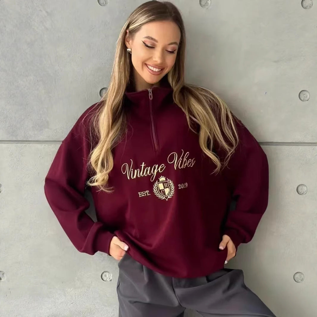 New All-match Letters Printed Half Zipper Coat For Women