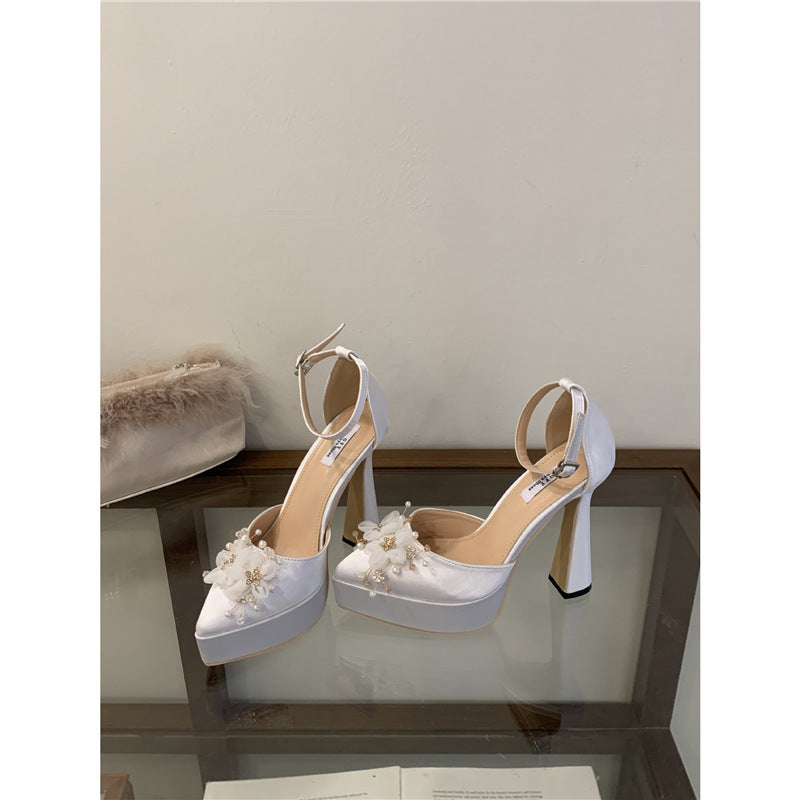 Women's Chunky Heel Waterproof Platform Silk High Heels