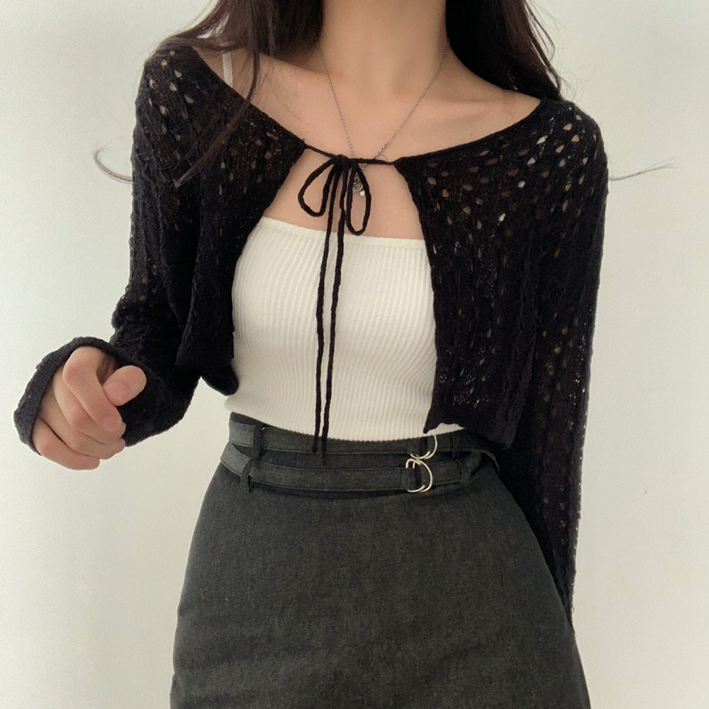 Round Neck Tied Bowknot Hollow Loose Long Sleeve Sun Protection Sweater