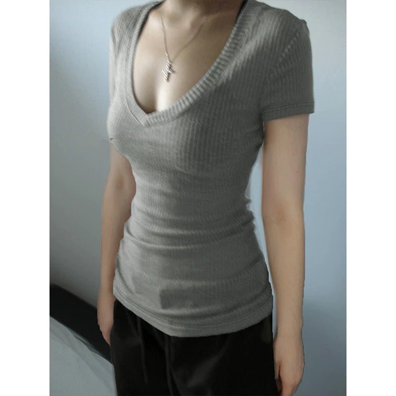 Women's Solid Color And V-neck Short-sleeved Bottoming Top