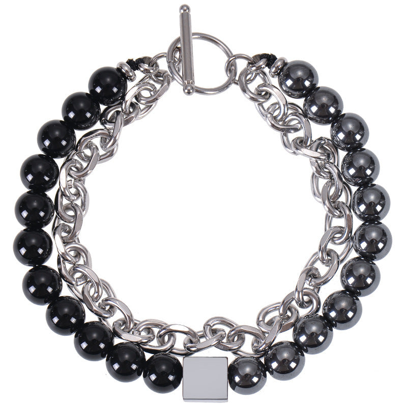 Stainless Steel Double Layer 8mm Tiger-Eye Bracelet Men
