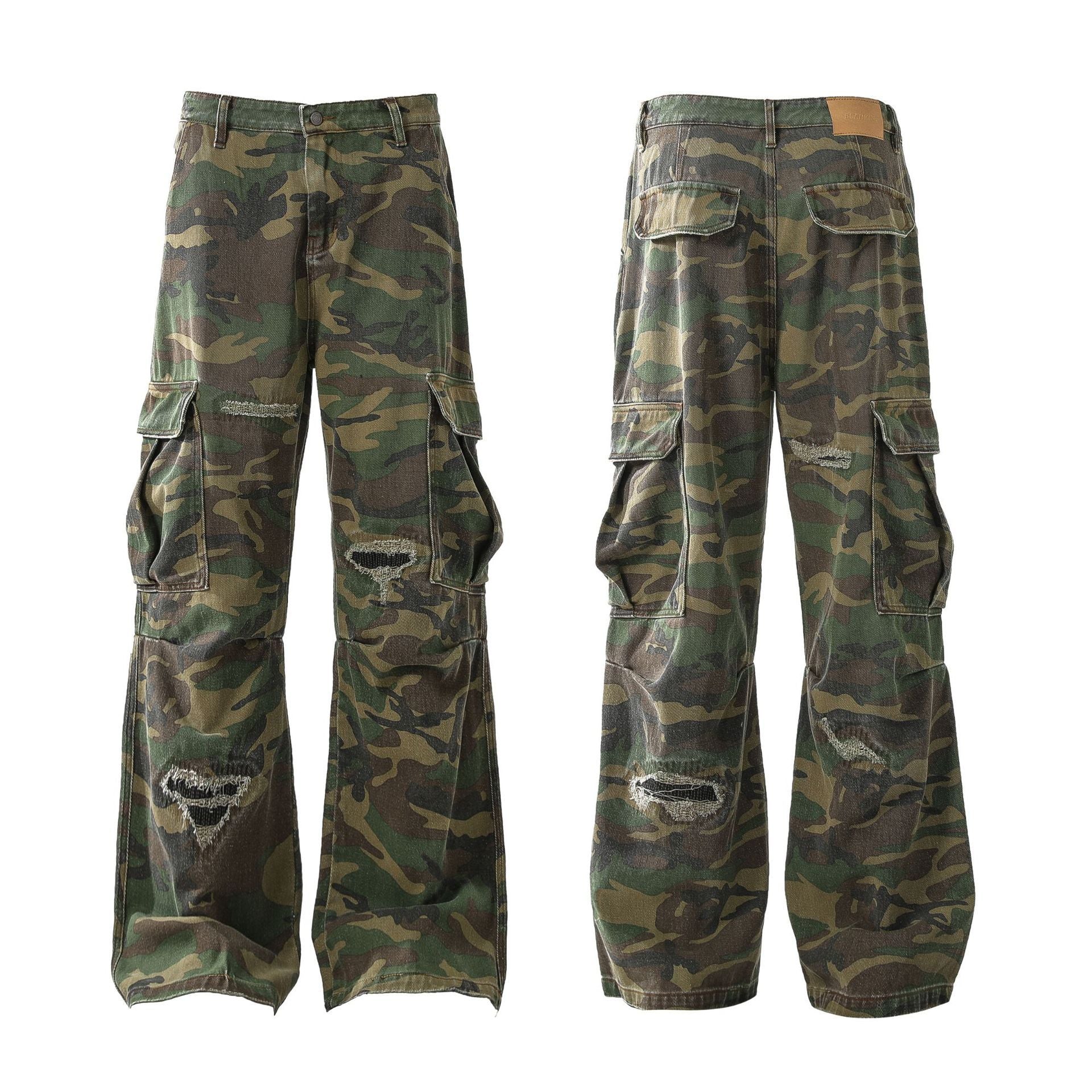 Retro Tattered Jeans Personalized Camouflage Workwear Casual Pants