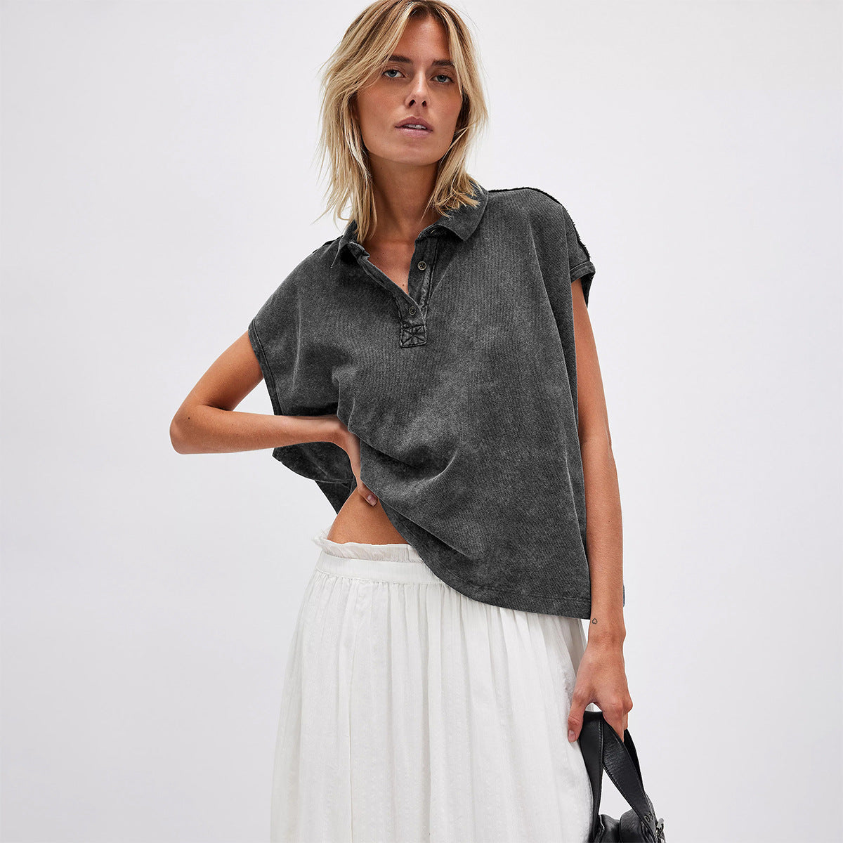 Turn-down Collar Drop-shoulder Loose-fit Casual Top
