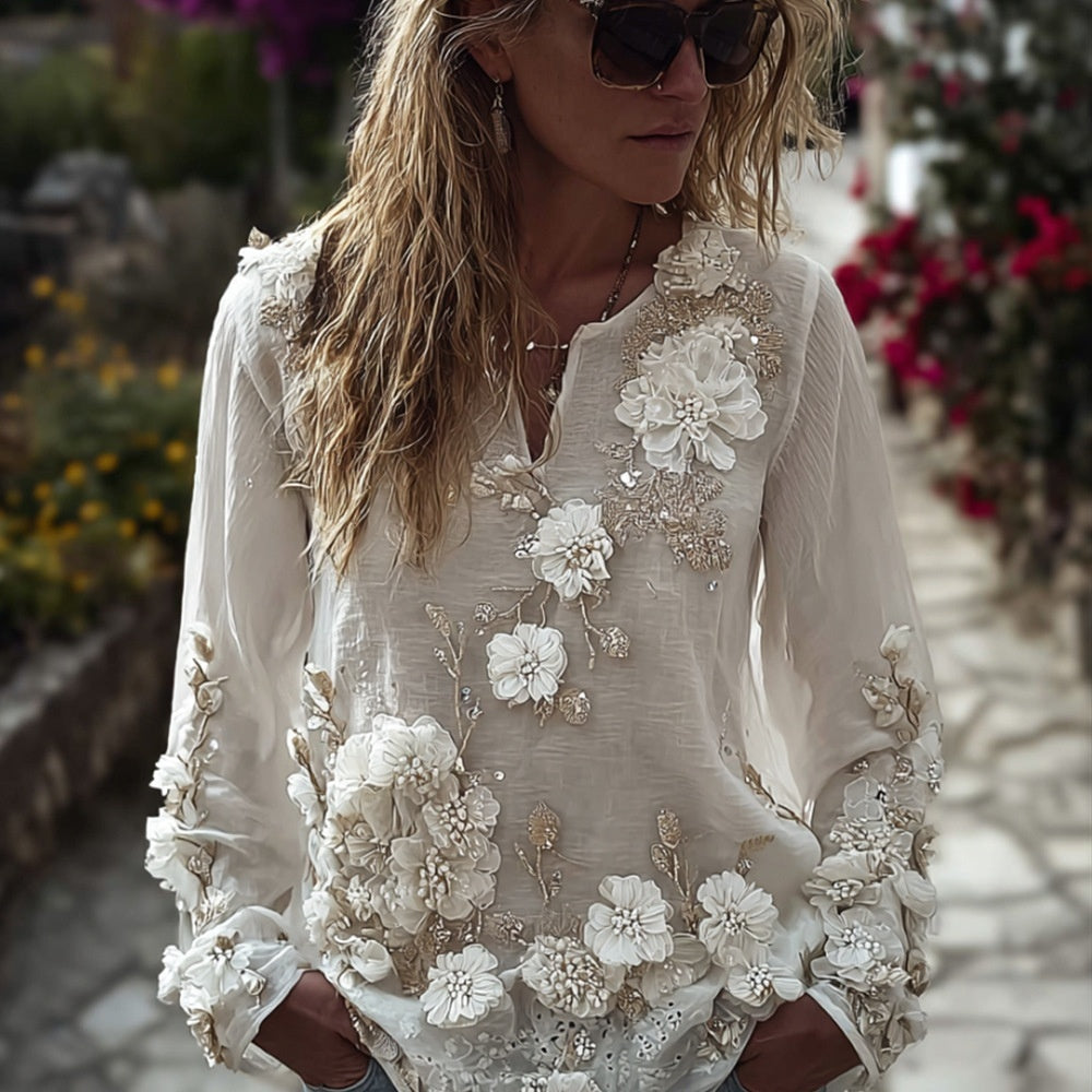 Loose-fit Printed V-neck Casual Plus-size Top