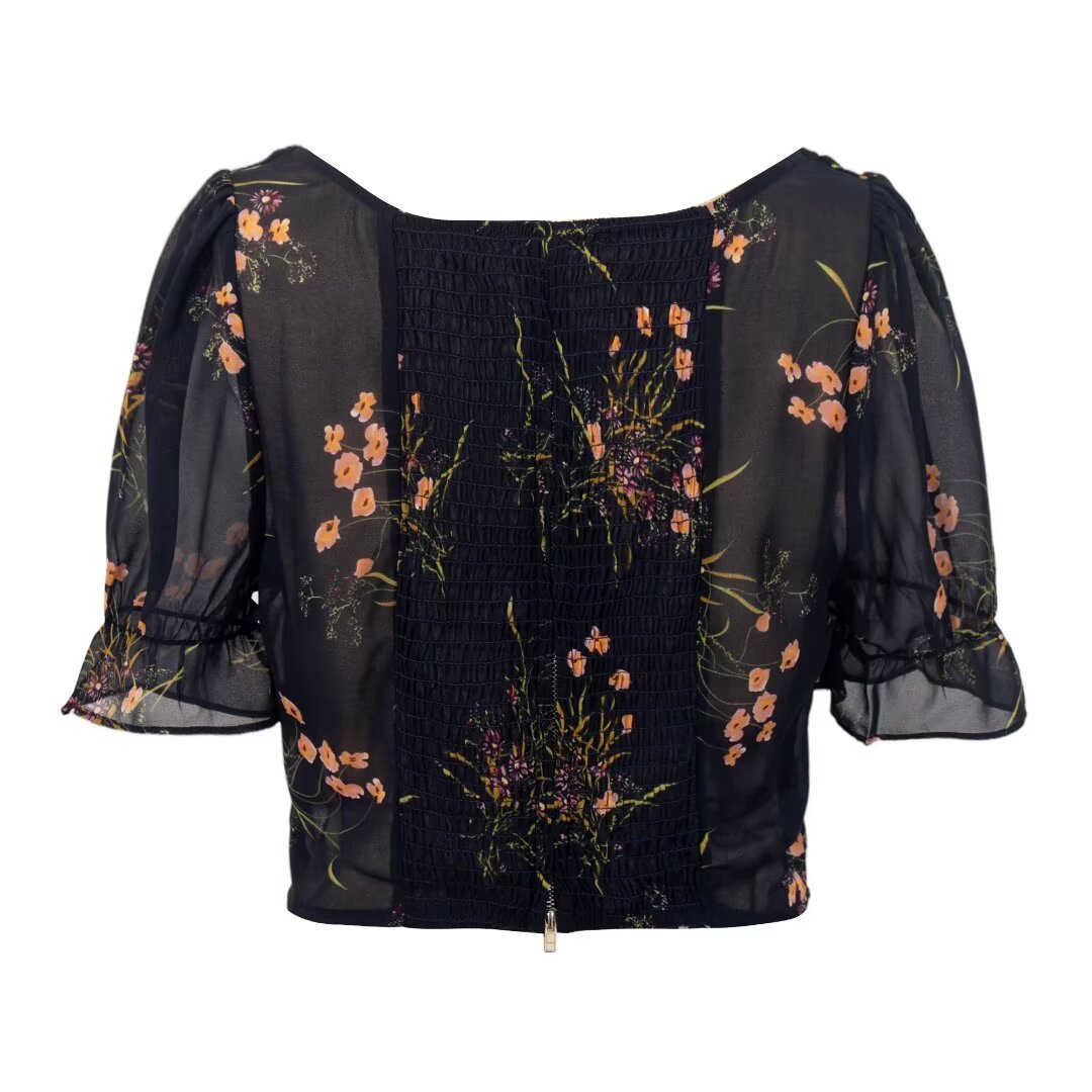 Womens Slim-fit Floral Puff-sleeve Short Top