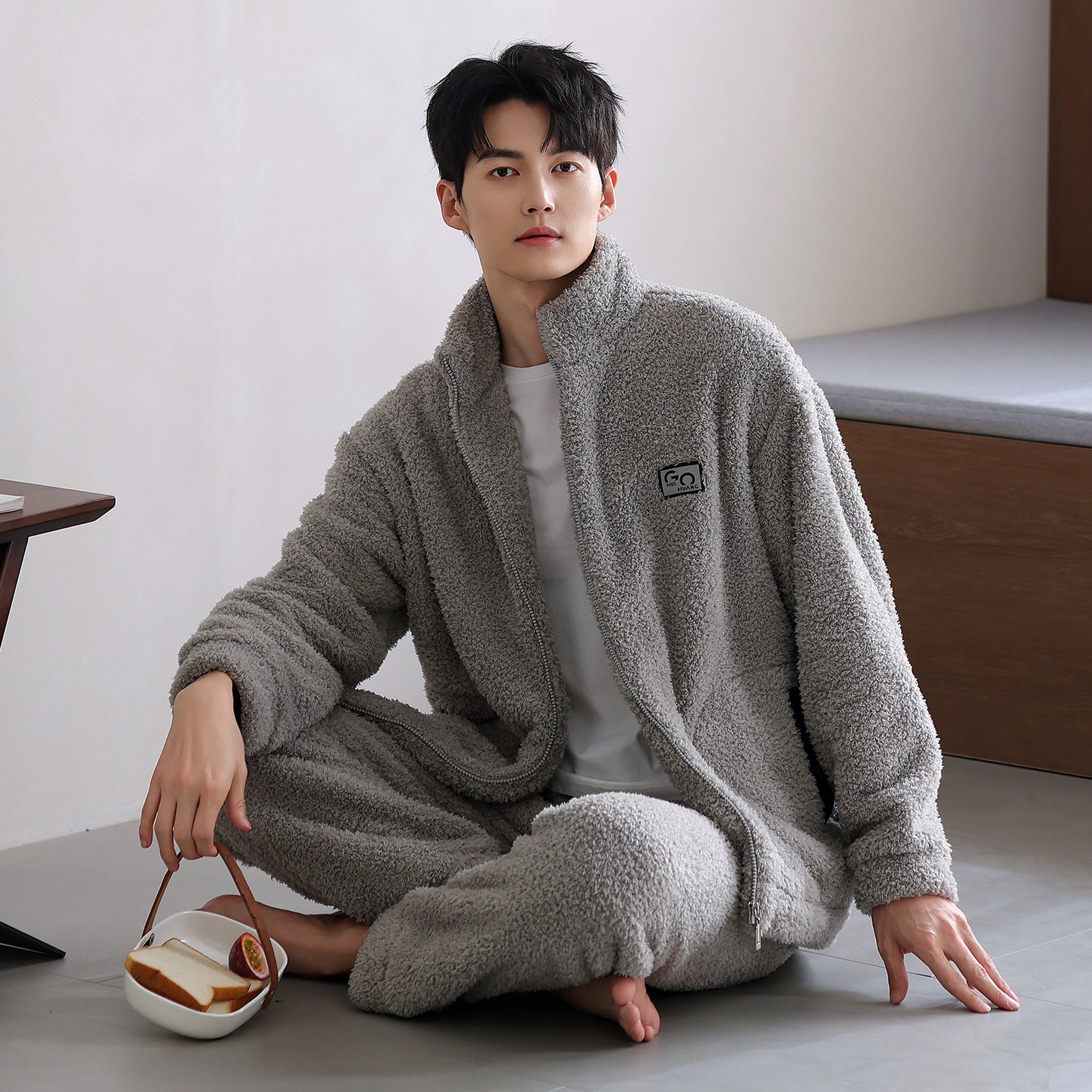 Long Sleeve Half Velvet Warm Padded Zipper Couple Pajamas