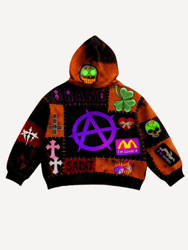 Vintage Print Loose-fitting Hoodie Sweater