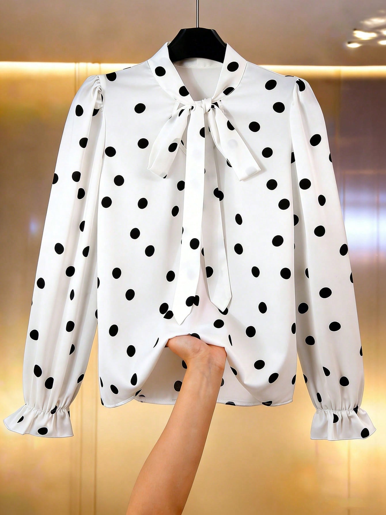 Printed Collared Ruffle-Trimmed Long-Sleeve Womens Shirt