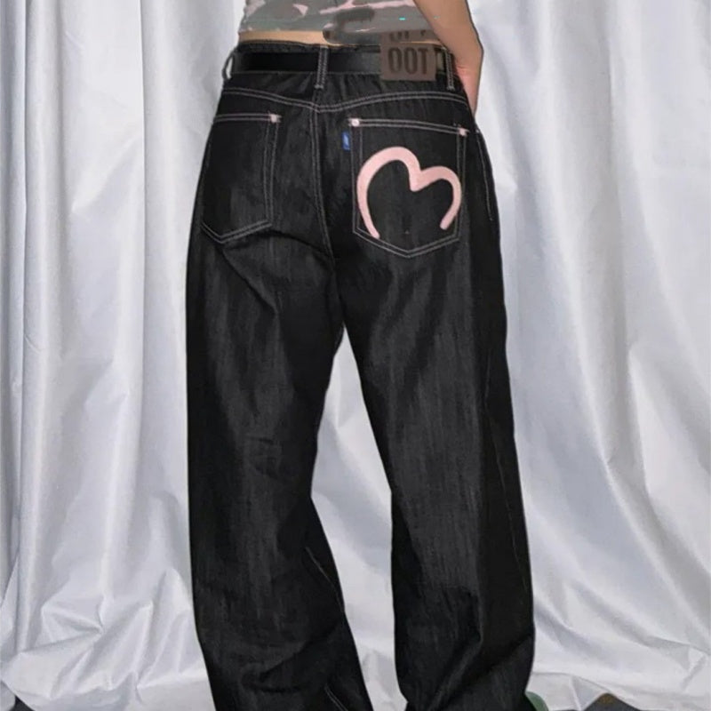 Heart Printing Jeans Women's High Waist Straight Casual