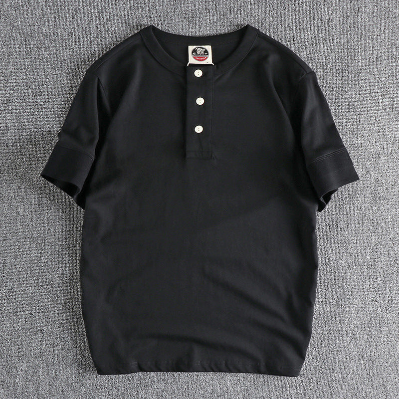 Cuff Wide-brimmed Thread Combed Cotton Washed American Retro Henry Collar Short Sleeve