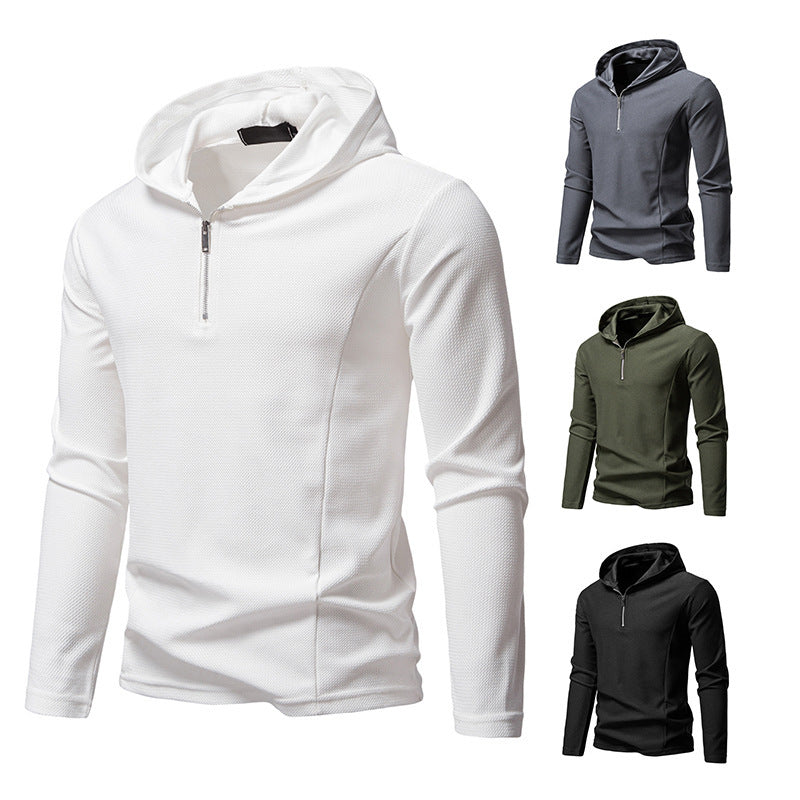 Half Zipper Design Casual Long Sleeve Solid Color Hooded T-shirt