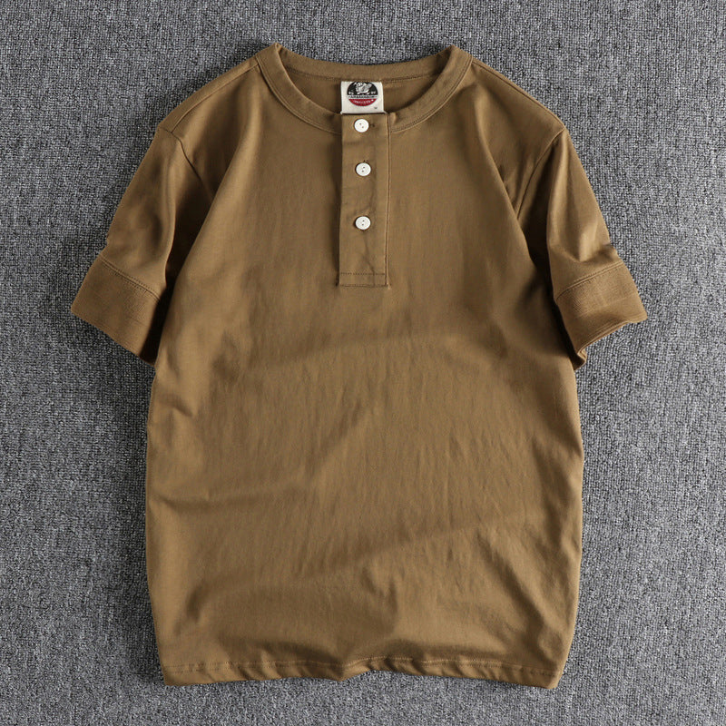 Cuff Wide-brimmed Thread Combed Cotton Washed American Retro Henry Collar Short Sleeve