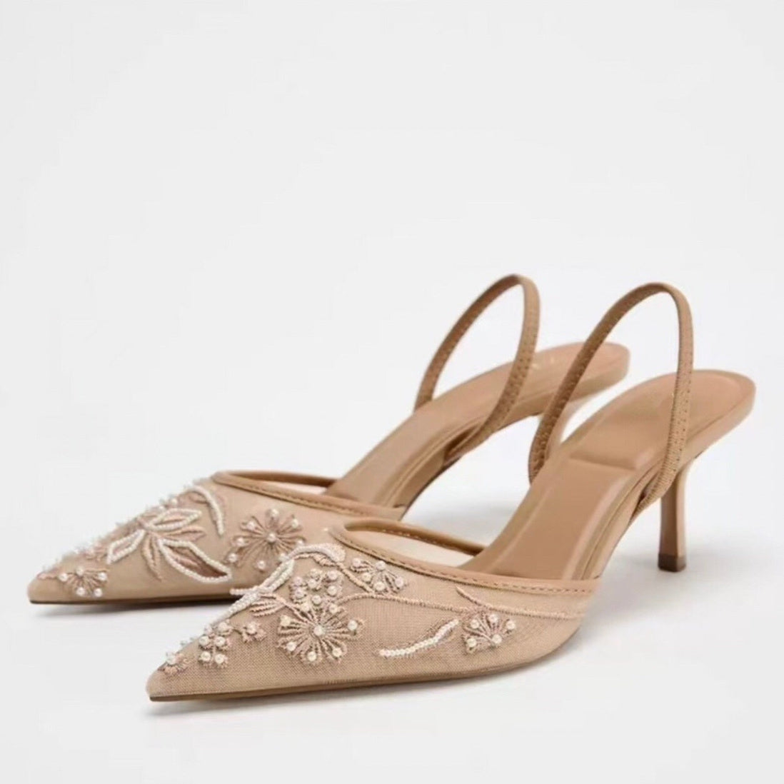 Spring New Product  Women's Rear Strap Embroidered Mesh High Heels