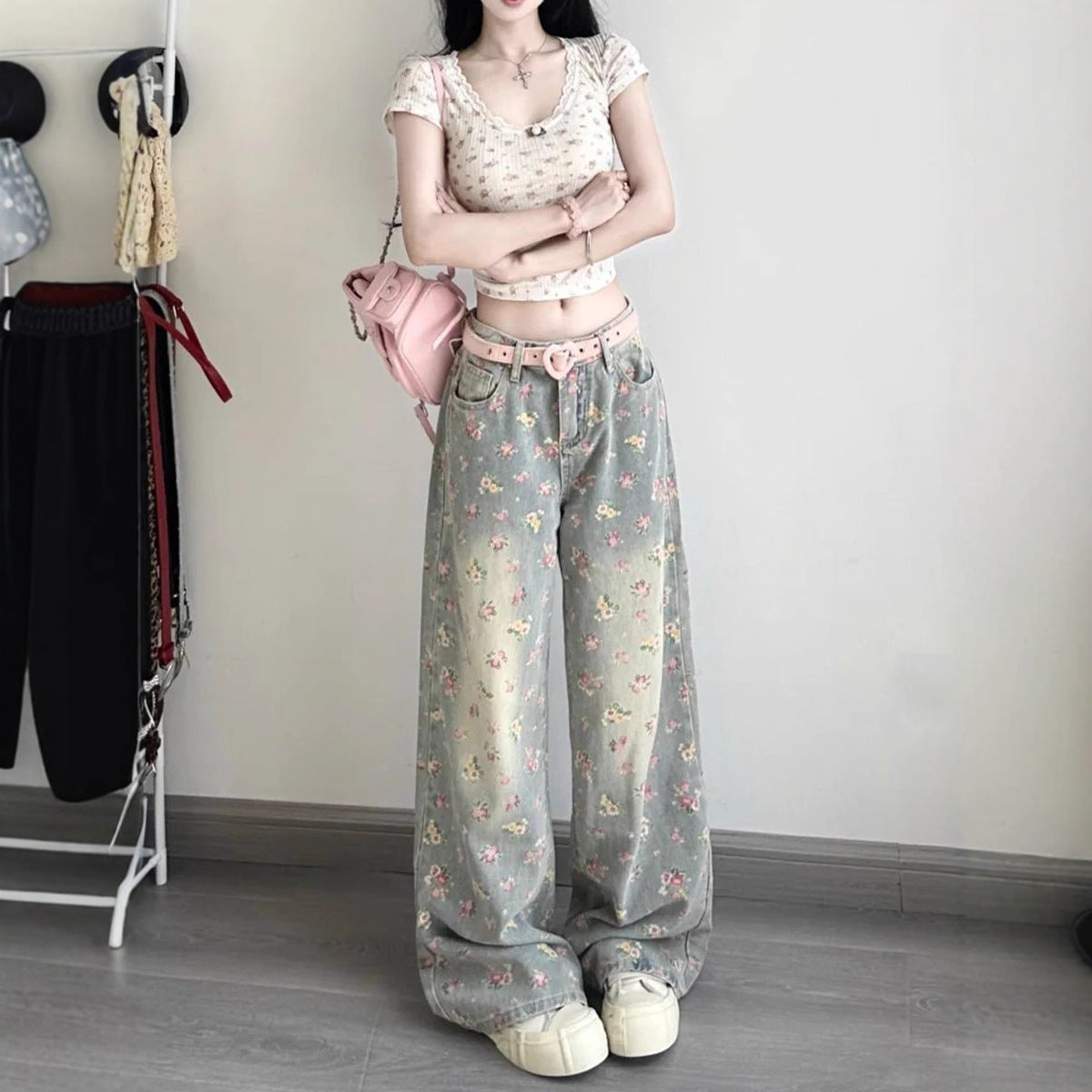 Womens Retro Floral High-Waist Wide-Leg Denim Jeans
