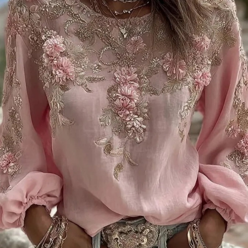 Printed Women's Round Neck Long Sleeve Vintage Bohemian Top