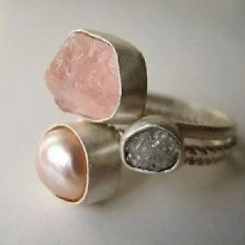 Retro Style Natural Raw Gemstone Pearl White Crystal Fluorite Amorphous Ring