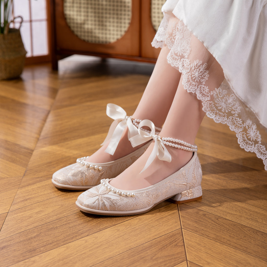 2026 New Jacquard Mary Jane Low Heel Women's Shoes - Pearl Ribbon Bow Square Toe Flared Single Shoes - Soft And Versatile Wedding Shoes