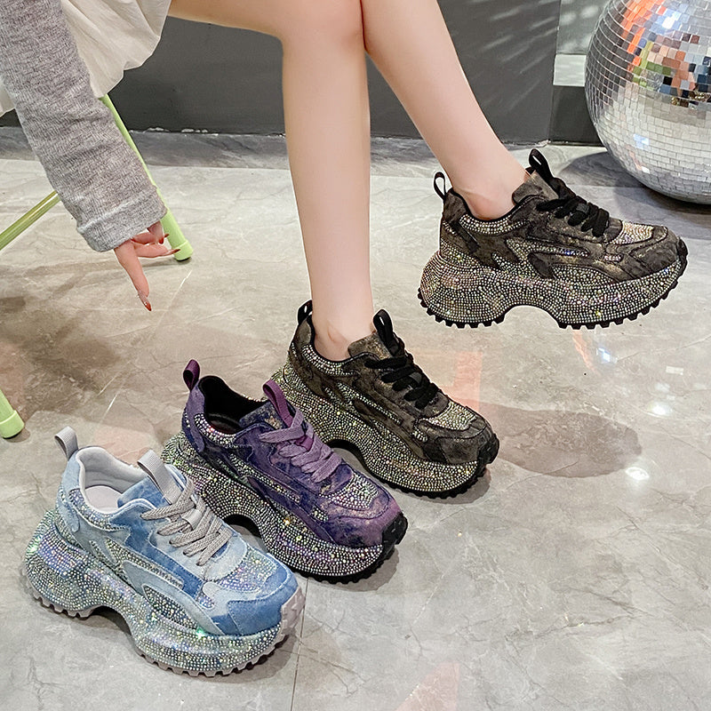 Glitter Diamond Purple Platform Sneakers Women Luxury Suede Casual Running Shoes Fashion Bling Cushion Dad Shoes