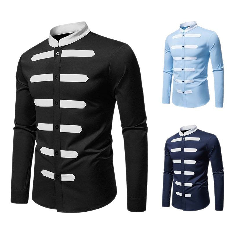 Black And White Stitching Design Men's Versatile Casual Long Sleeve Shirt