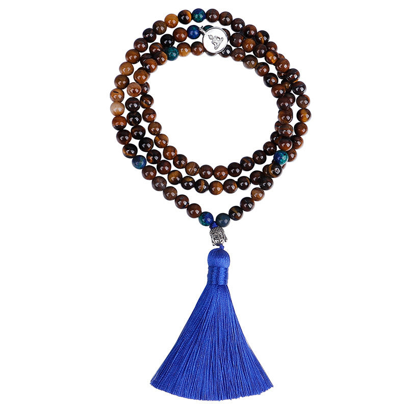 Tiger Eye Stone Bead Necklace Handmade Buddha Head Yoga