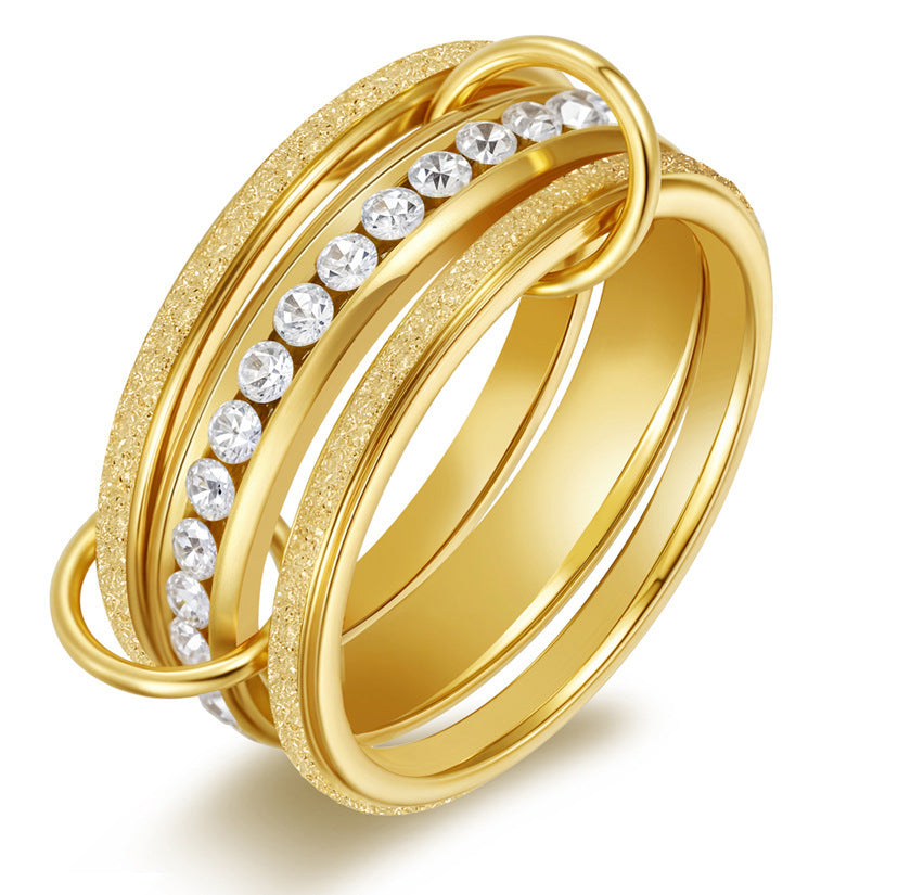 Copper And Zircon Multi-layer Twin 18K Gold Strap Rhinestone Ring