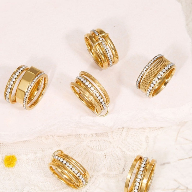 Copper And Zircon Multi-layer Twin 18K Gold Strap Rhinestone Ring