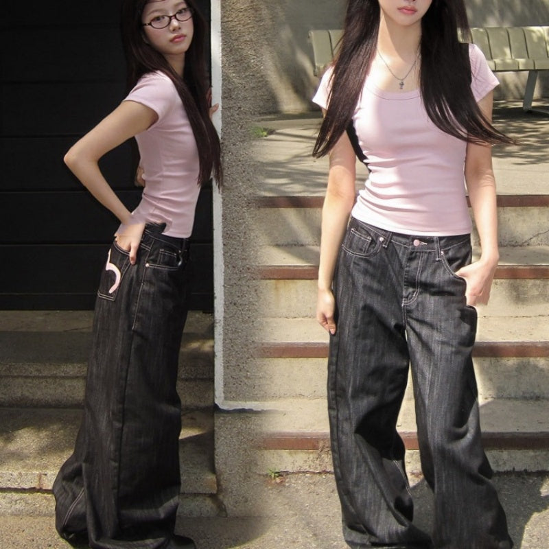 Heart Printing Jeans Women's High Waist Straight Casual