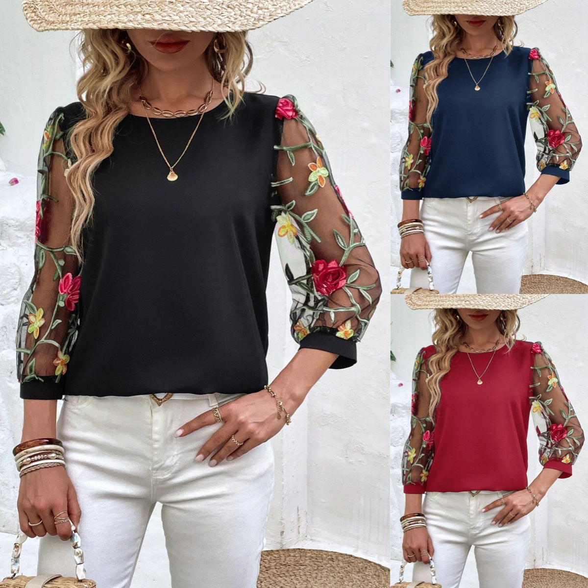 Women's Casual Mesh Black Patchwork Top