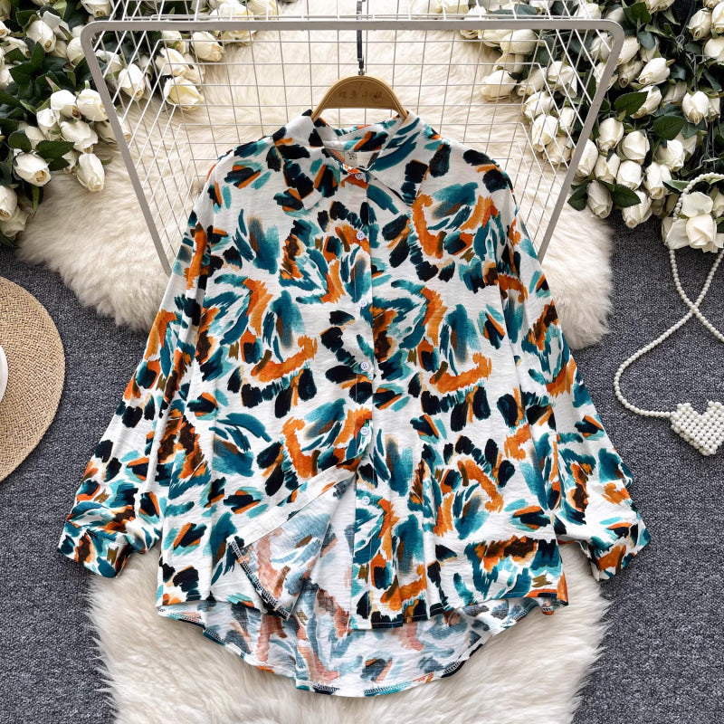 Retro French-style Printed Womens Autumn Loose Slimming Top