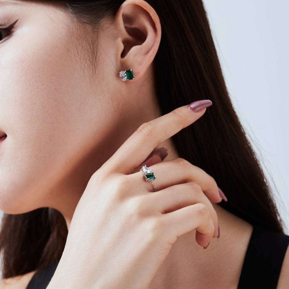 European And American INS Style S925 Sterling Silver Female Stud Earrings Emerald