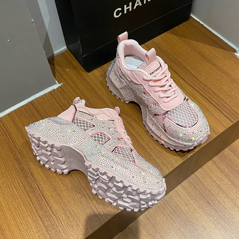 TIANXIU Women's Chunky Platform Sneakers, Light Yellow Glitter Rhinestone Accent Fashion Shoes With Green Trim And Thick White Sole