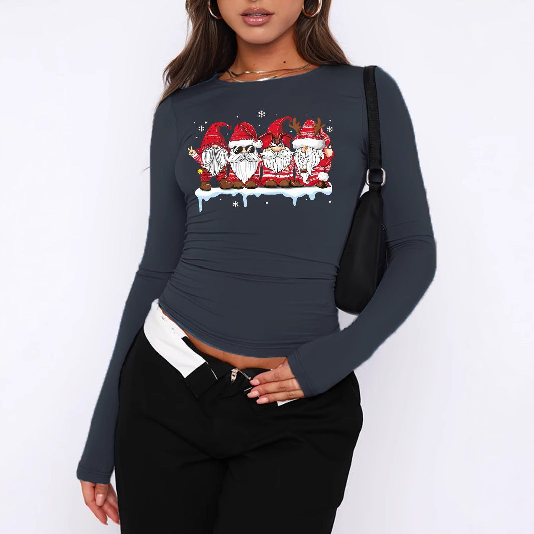 Round Neck Long Sleeve Loose Print T-shirt